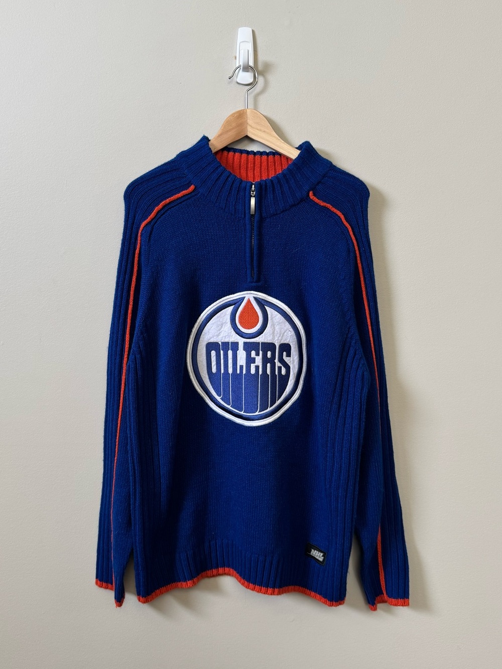 Edmonton Oilers NHL quarter zip knit pullover blue orange sweater - Large